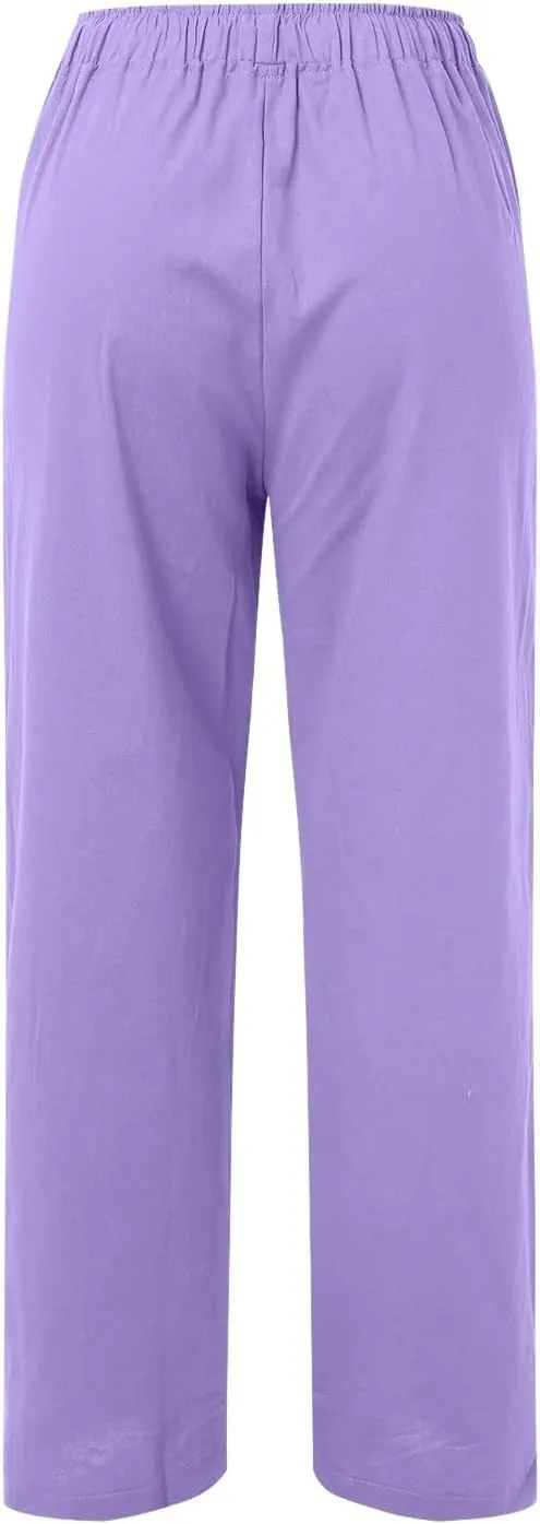 Women's Cotton Linen Summer Floral Palazzo Pants Low Waist Lounge Pants Slim-Fit Trouser Trendy