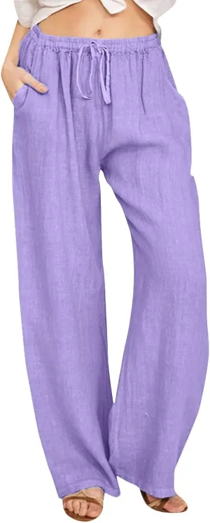 Women's Cotton Linen Summer Floral Palazzo Pants Low Waist Lounge Pants Slim-Fit Trouser Trendy