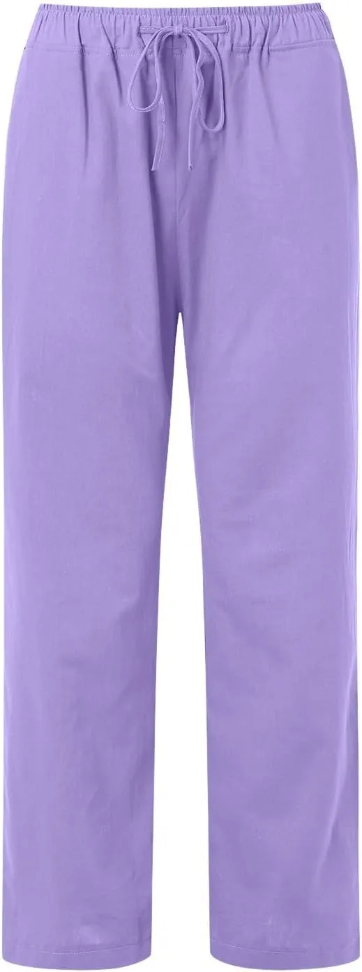 Women's Cotton Linen Summer Floral Palazzo Pants Low Waist Lounge Pants Slim-Fit Trouser Trendy