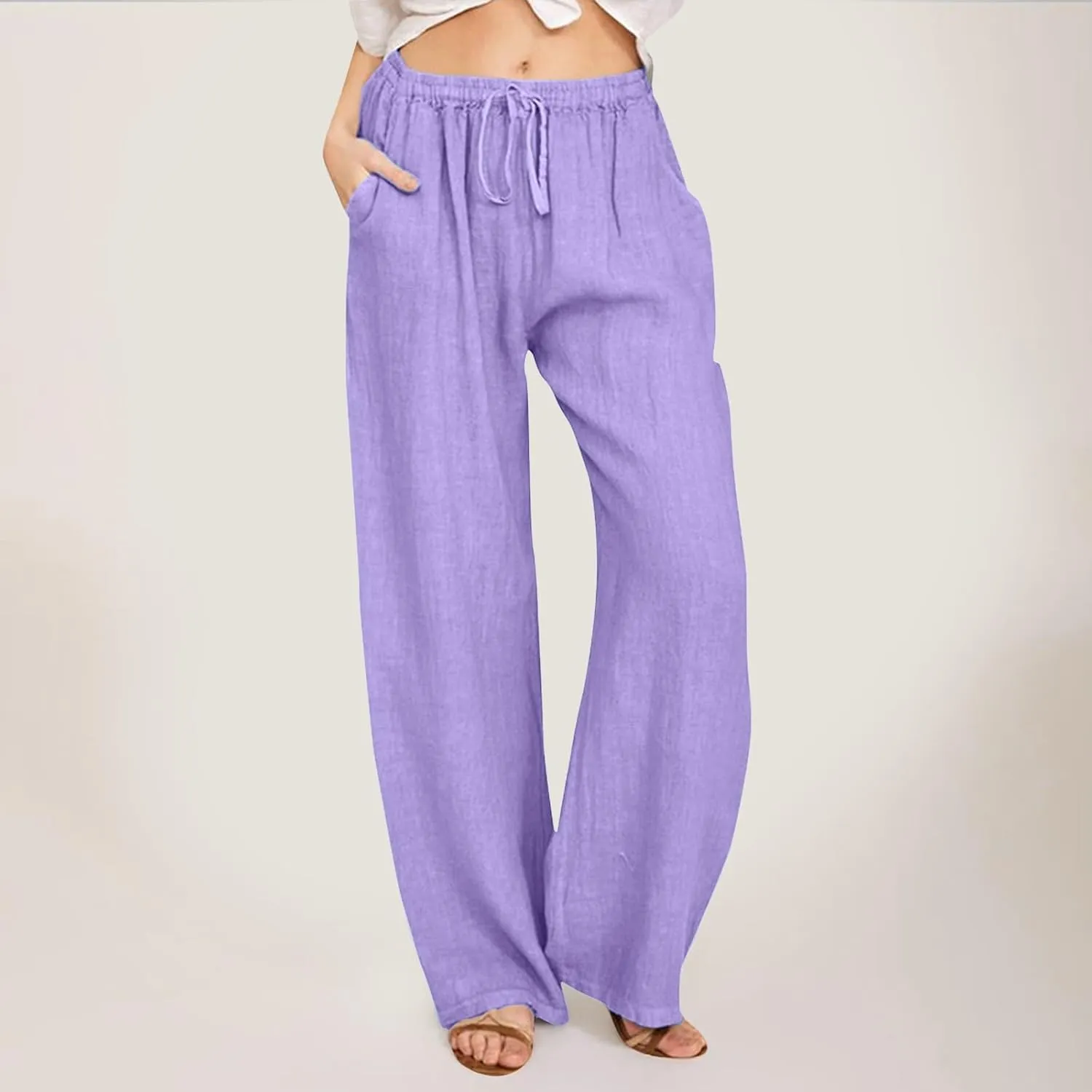Women's Cotton Linen Summer Floral Palazzo Pants Low Waist Lounge Pants Slim-Fit Trouser Trendy