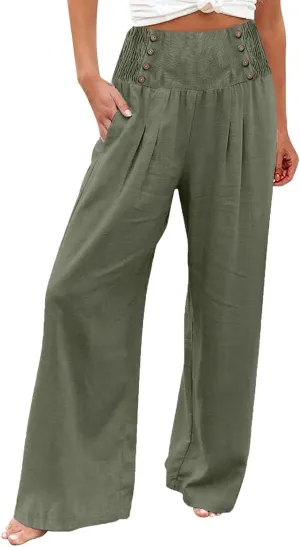 Womens Cotton Linen Summer Flowy Pants High Waist Wide Leg Slim Fit Palazzo Pants Travel