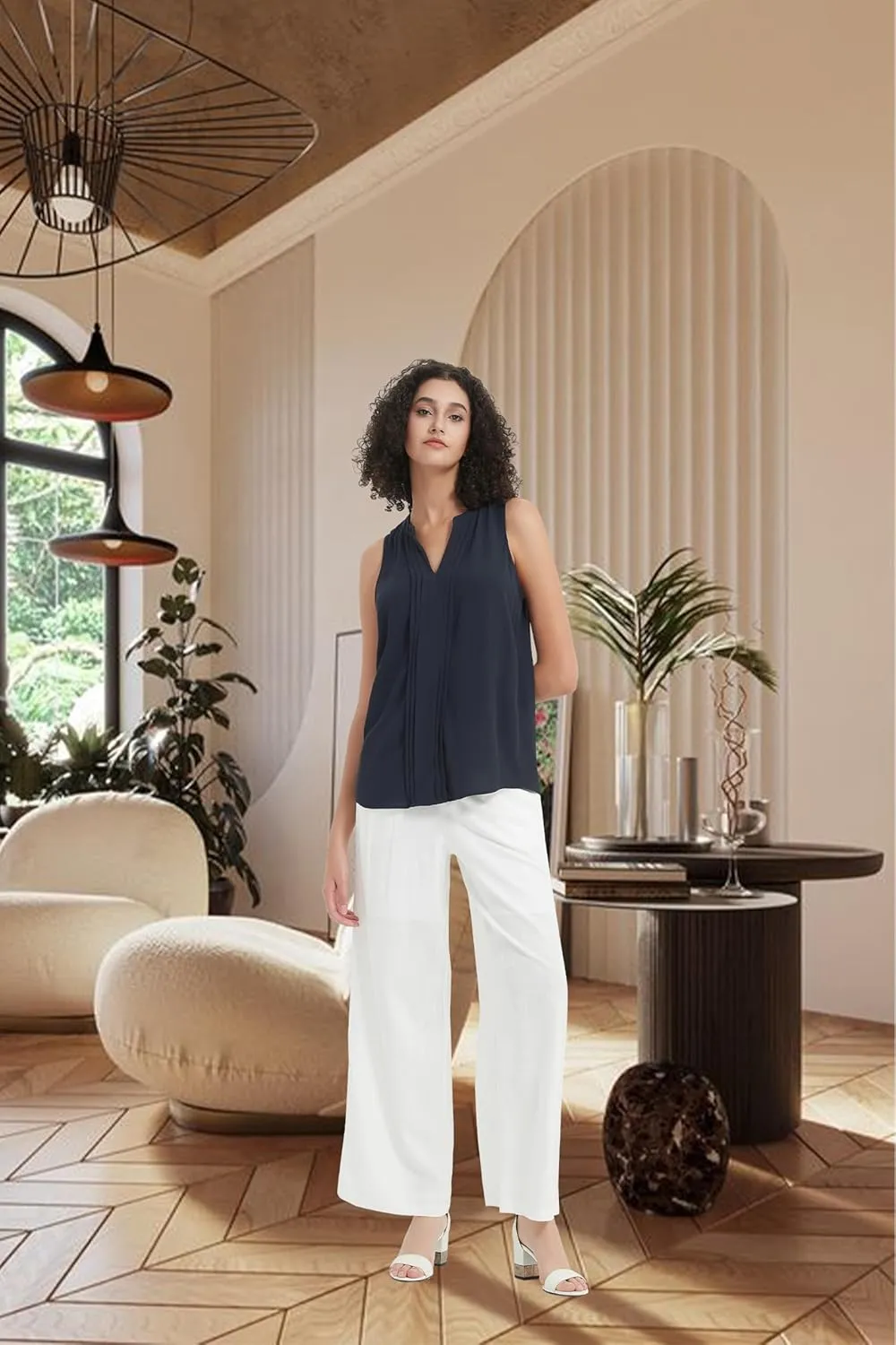 Womens Cotton Linen Wide Leg Pants Summer Flowy Beach Casual Loose Trousers with Pockets