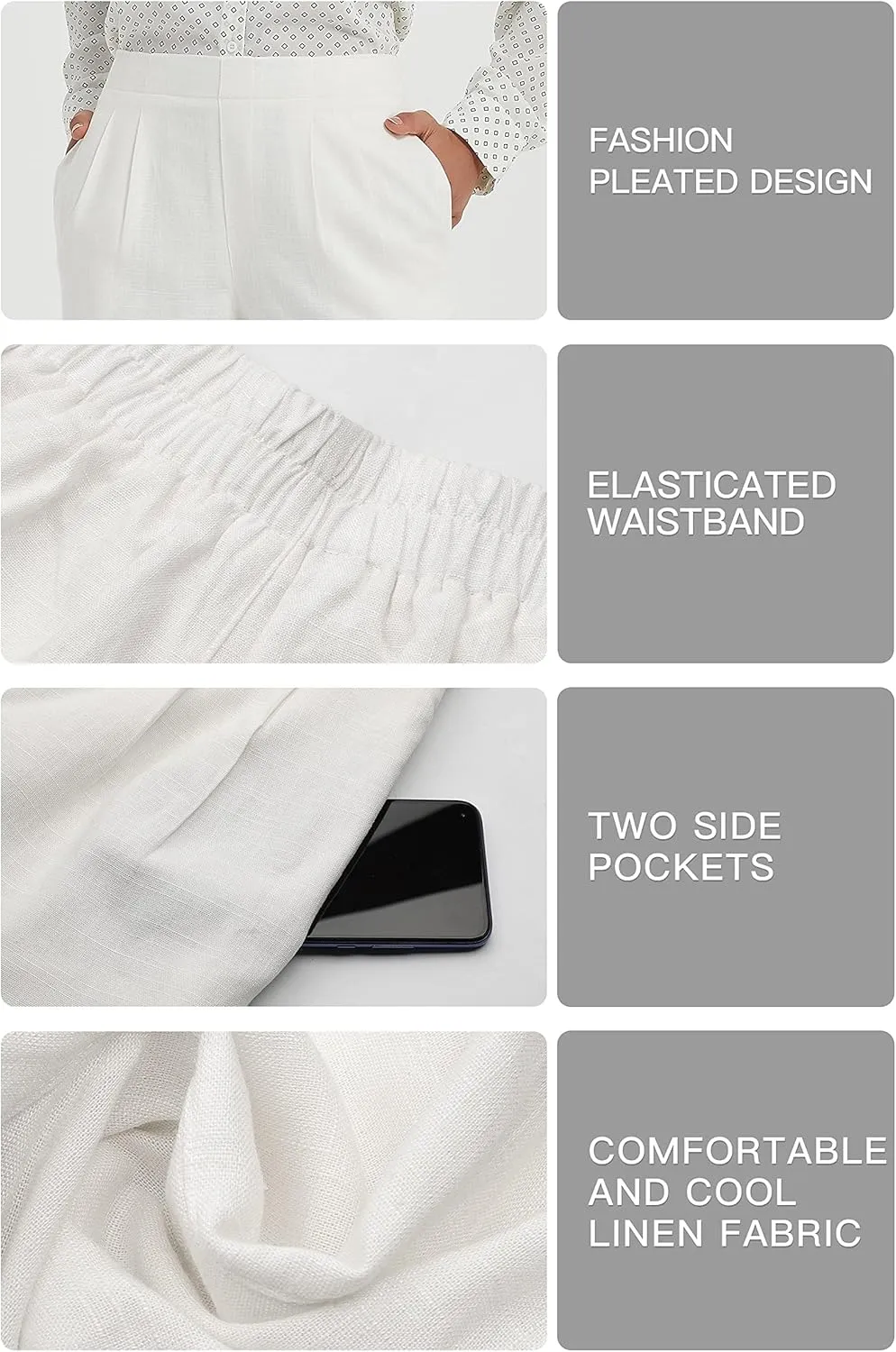 Womens Cotton Linen Wide Leg Pants Summer Flowy Beach Casual Loose Trousers with Pockets