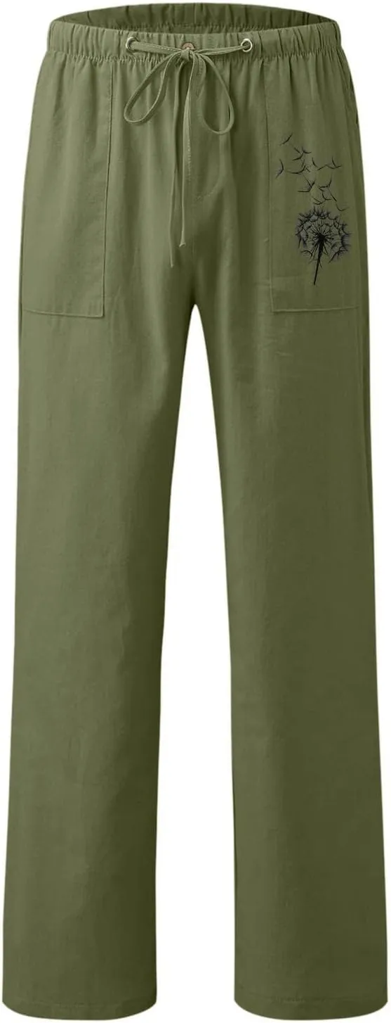 Womens Dandelions Printing Casual Trousers Drawstring High Waist Straight Leg Pant Cotton Linen Trousers with Pockets (AG, S)