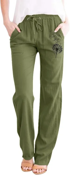 Womens Dandelions Printing Casual Trousers Drawstring High Waist Straight Leg Pant Cotton Linen Trousers with Pockets (AG, S)