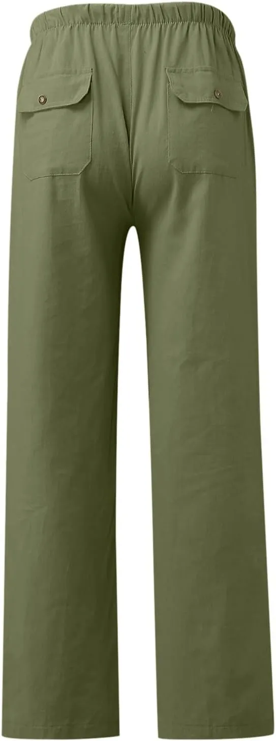 Womens Dandelions Printing Casual Trousers Drawstring High Waist Straight Leg Pant Cotton Linen Trousers with Pockets (AG, S)