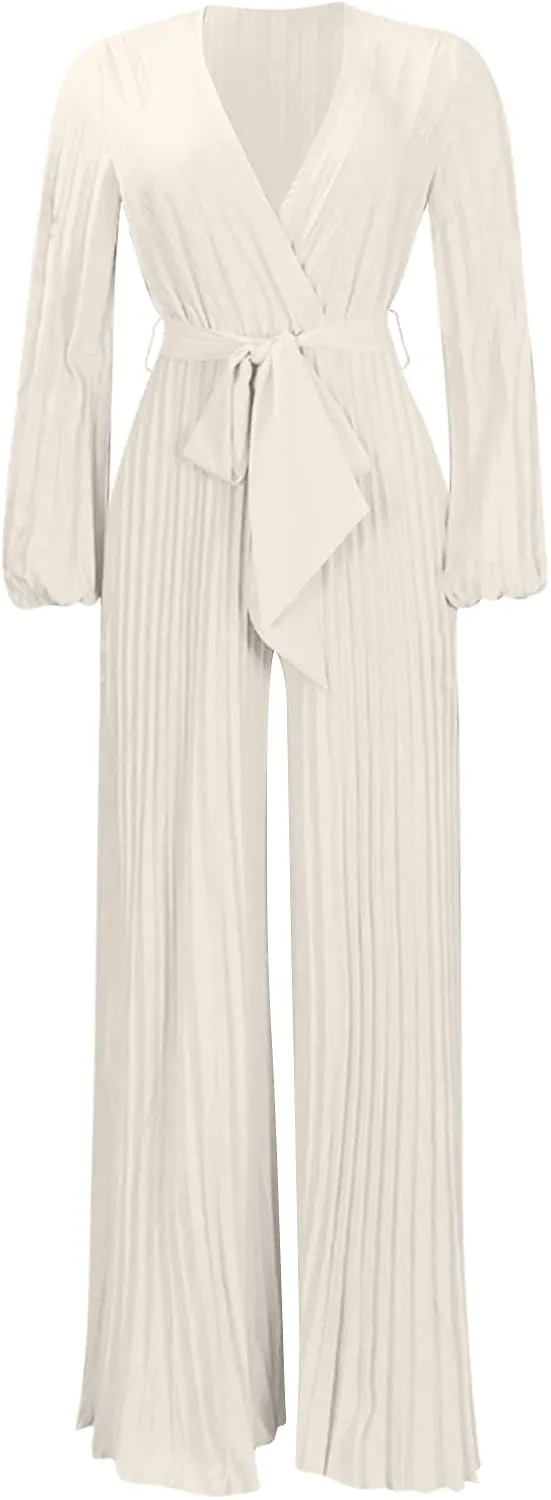 Womens Dress Jumpsuit Dressy Long Sleeve High Waist Wide Leg Romper Formal Jumpsuit Belt Pleated Deep V Neck Romper