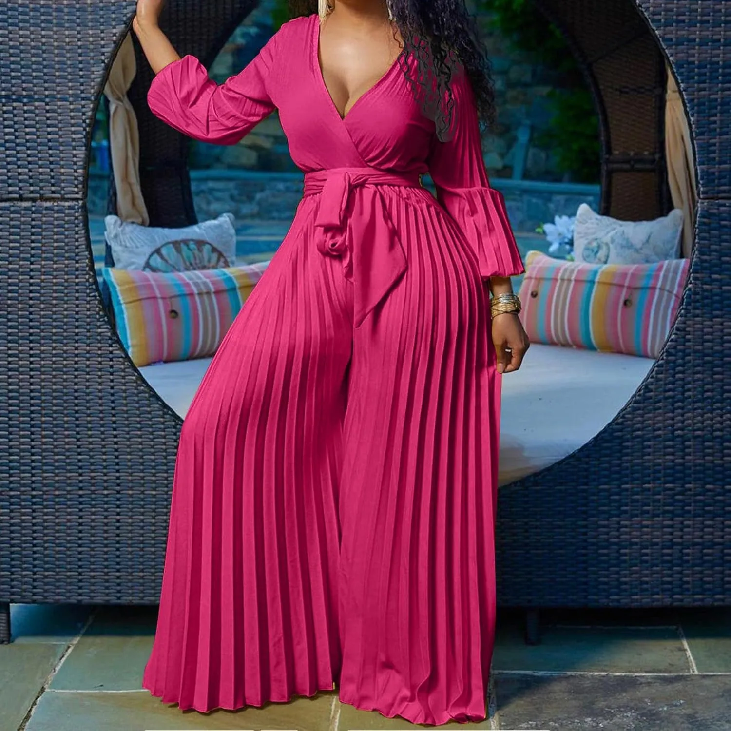 Womens Dress Jumpsuit Dressy Long Sleeve High Waist Wide Leg Romper Formal Jumpsuit Belt Pleated Deep V Neck Romper