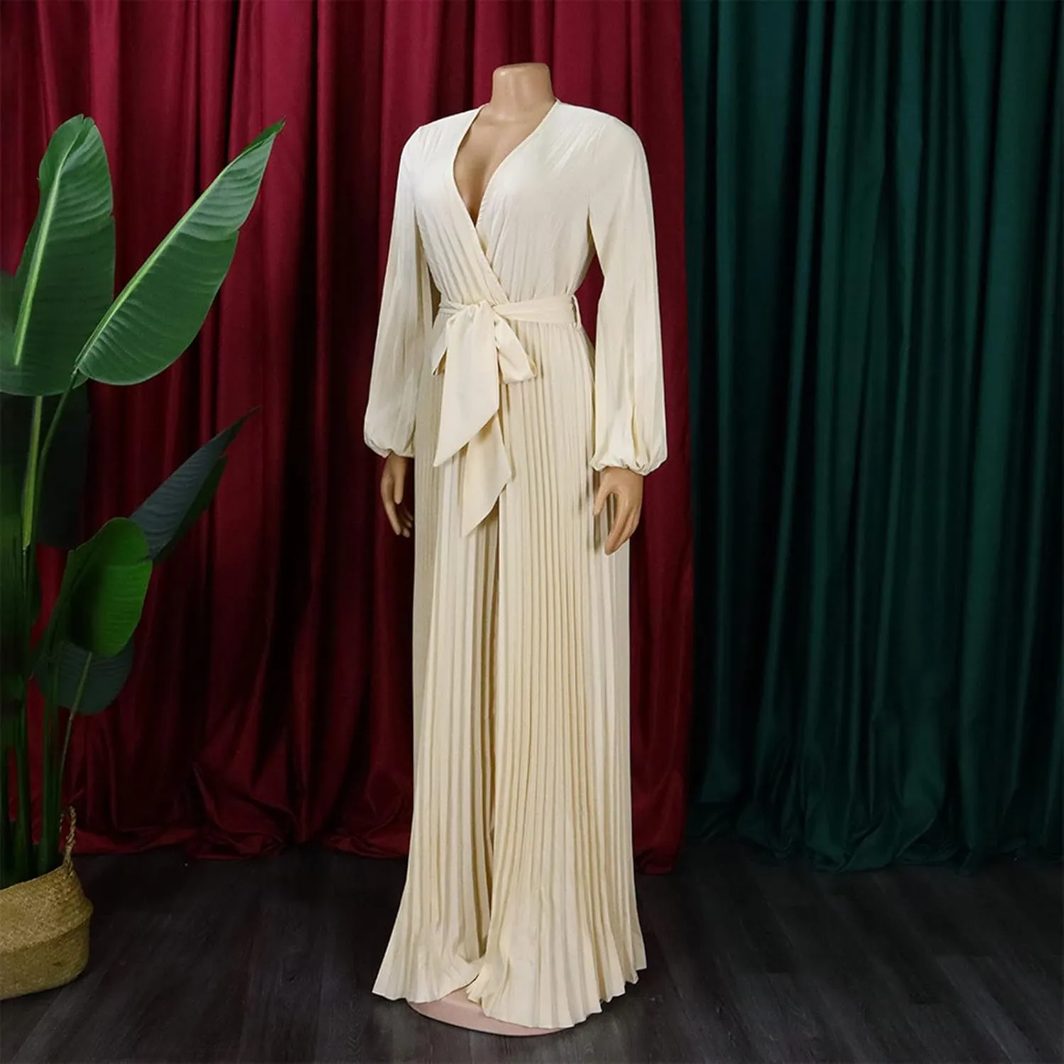 Womens Dress Jumpsuit Dressy Long Sleeve High Waist Wide Leg Romper Formal Jumpsuit Belt Pleated Deep V Neck Romper