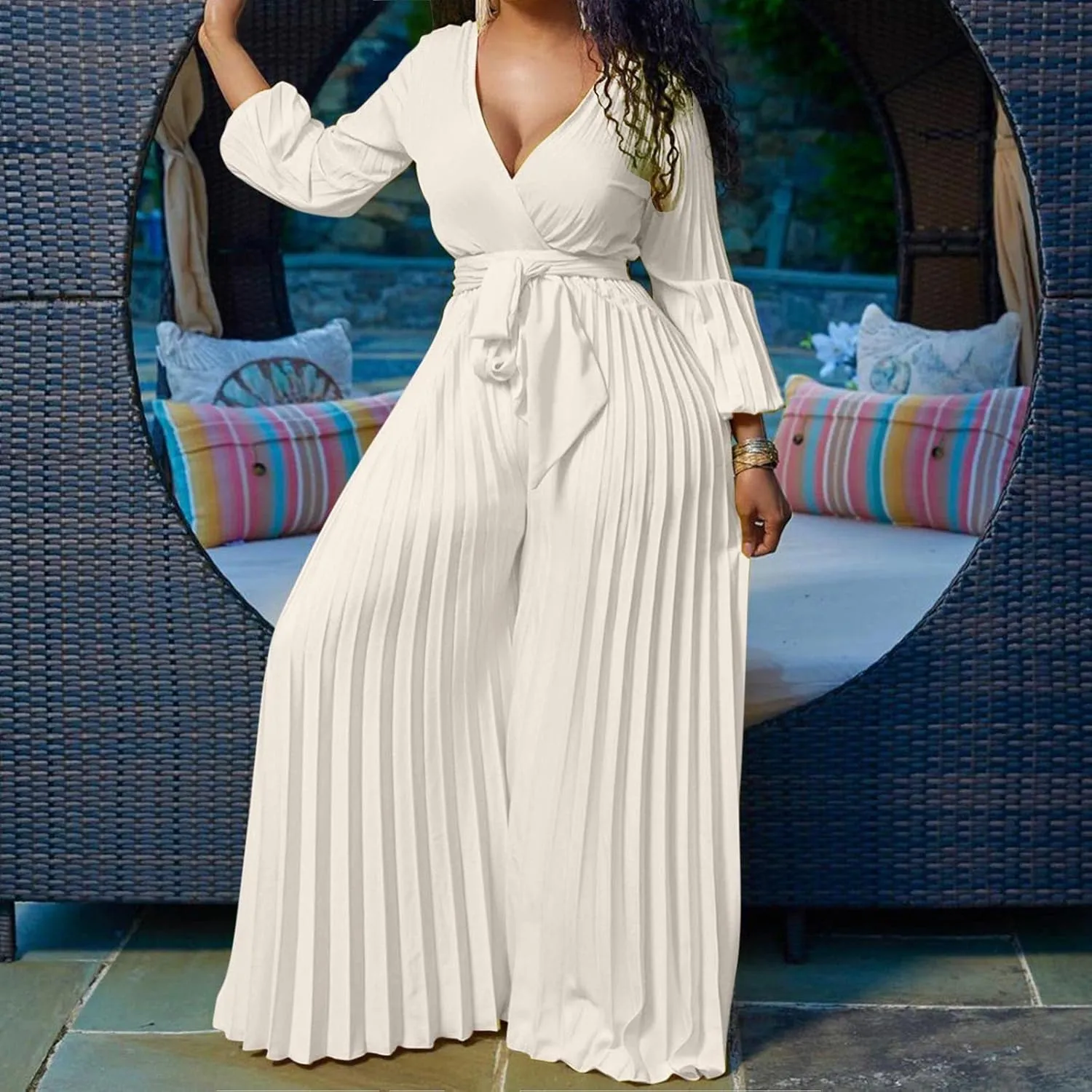 Womens Dress Jumpsuit Dressy Long Sleeve High Waist Wide Leg Romper Formal Jumpsuit Belt Pleated Deep V Neck Romper