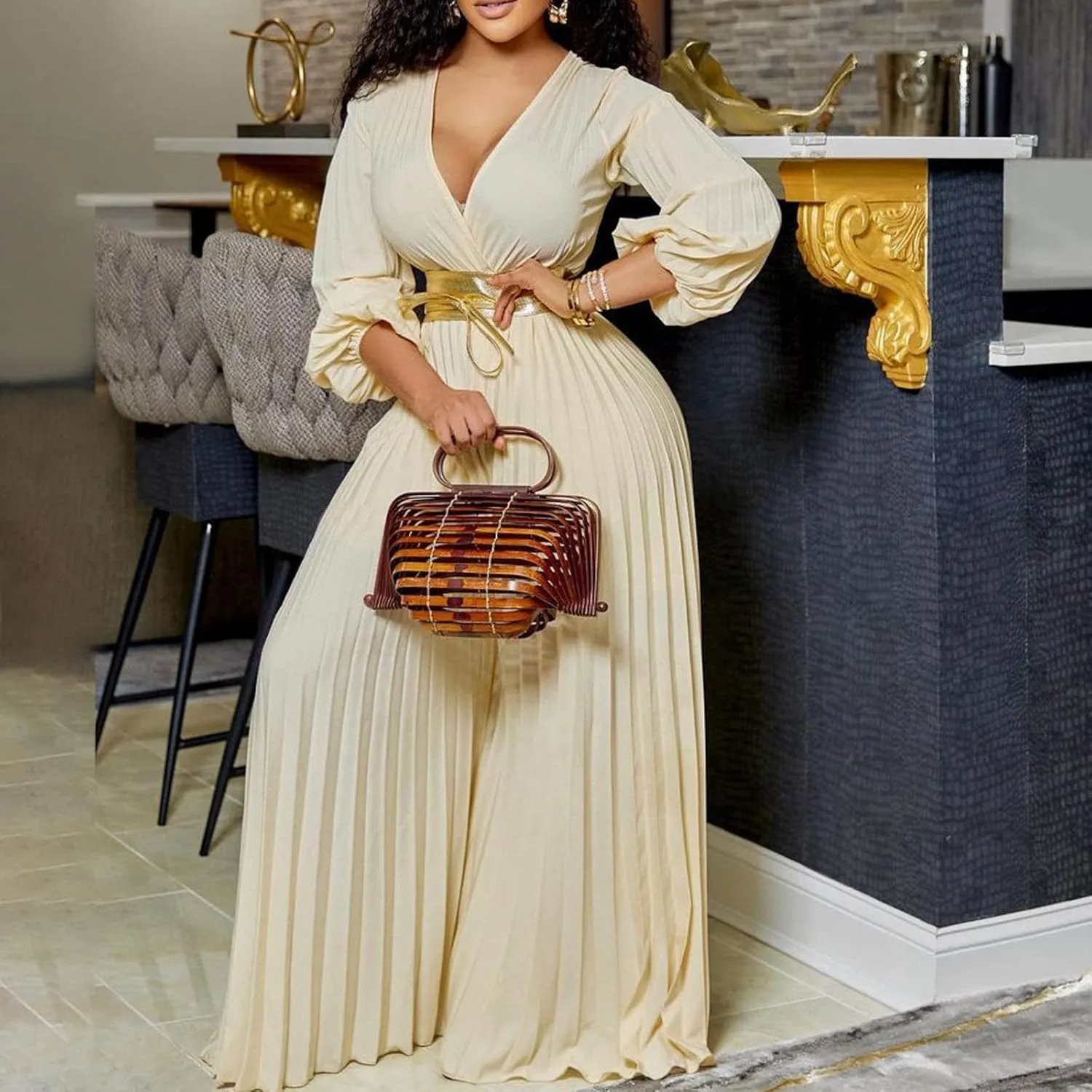Womens Dress Jumpsuit Dressy Long Sleeve High Waist Wide Leg Romper Formal Jumpsuit Belt Pleated Deep V Neck Romper