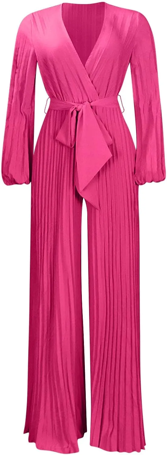Womens Dress Jumpsuit Dressy Long Sleeve High Waist Wide Leg Romper Formal Jumpsuit Belt Pleated Deep V Neck Romper