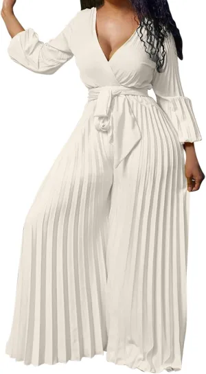 Womens Dress Jumpsuit Dressy Long Sleeve High Waist Wide Leg Romper Formal Jumpsuit Belt Pleated Deep V Neck Romper