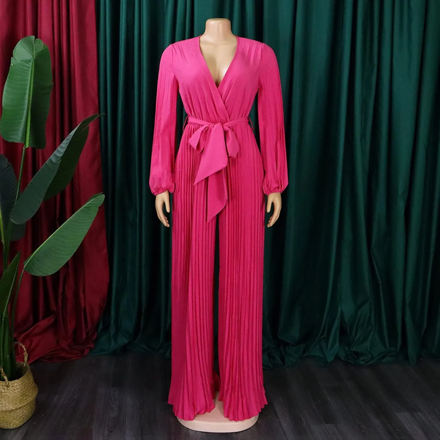 Womens Dress Jumpsuit Dressy Long Sleeve High Waist Wide Leg Romper Formal Jumpsuit Belt Pleated Deep V Neck Romper