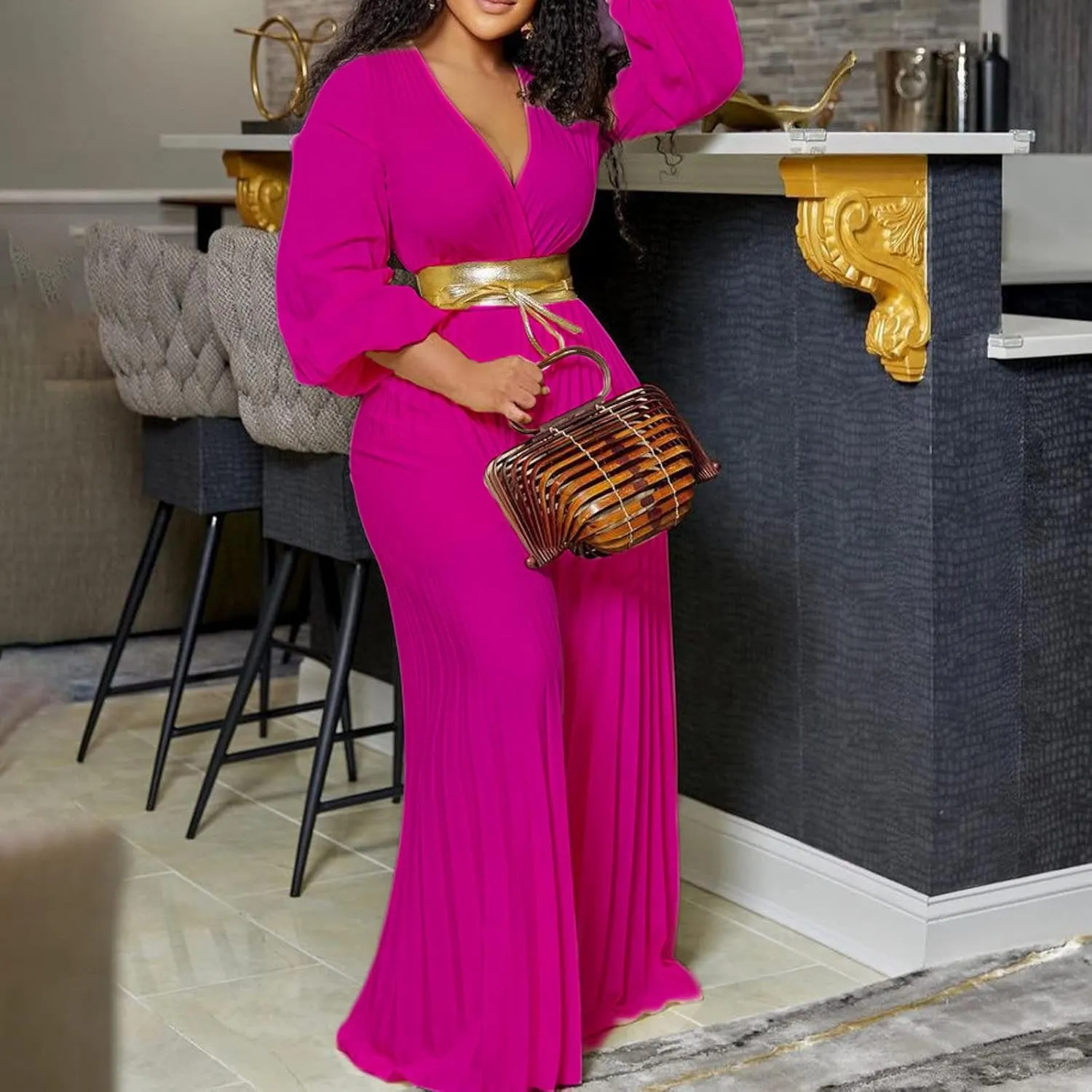 Womens Dress Jumpsuit Dressy Long Sleeve High Waist Wide Leg Romper Formal Jumpsuit Belt Pleated Deep V Neck Romper
