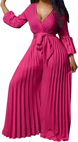 Womens Dress Jumpsuit Dressy Long Sleeve High Waist Wide Leg Romper Formal Jumpsuit Belt Pleated Deep V Neck Romper