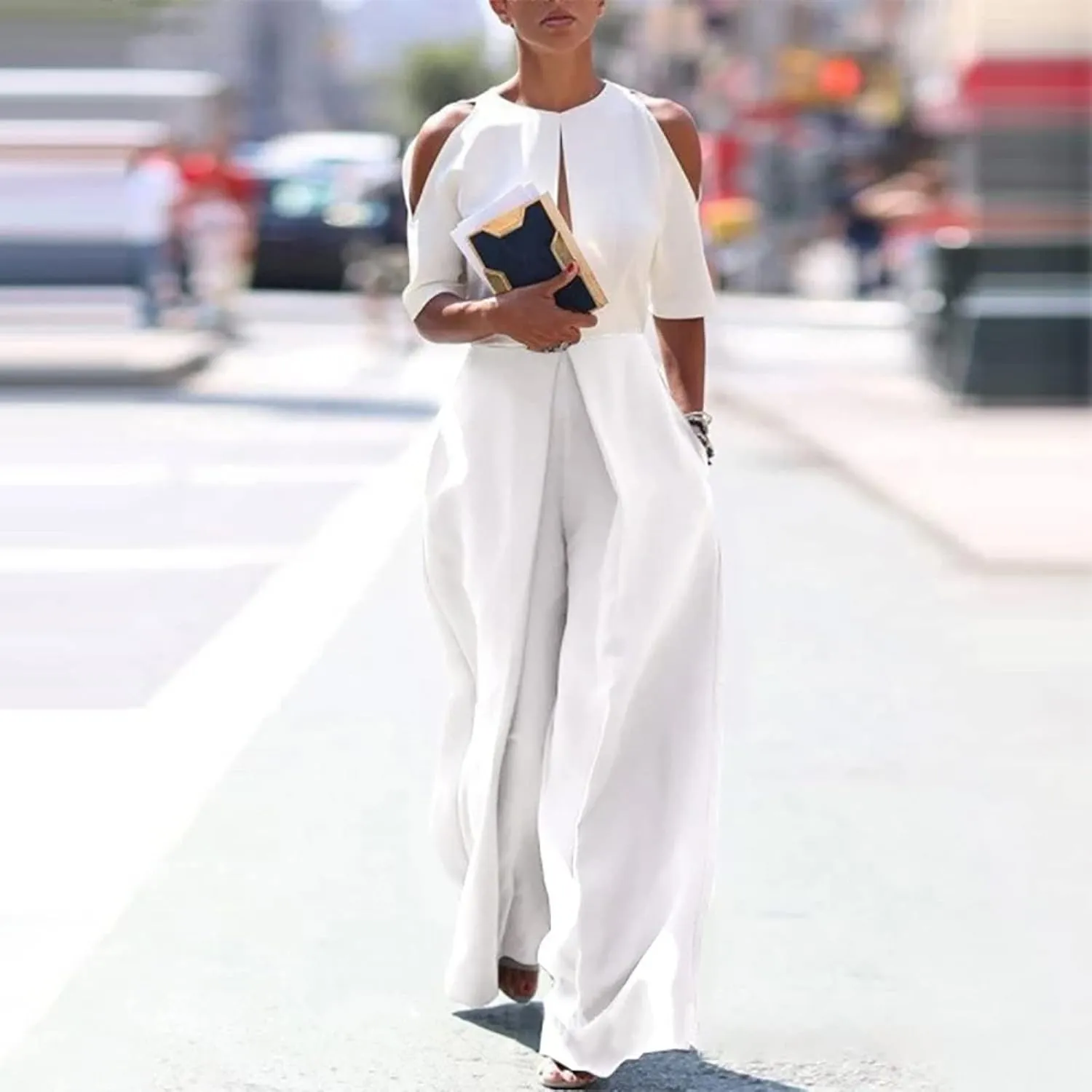 Womens Dressy Jumpsuit Off The Shoulder Halter Neck Jumpsuits Rompers Casual Romper 2024 Solid Wide Leg Pants Overall