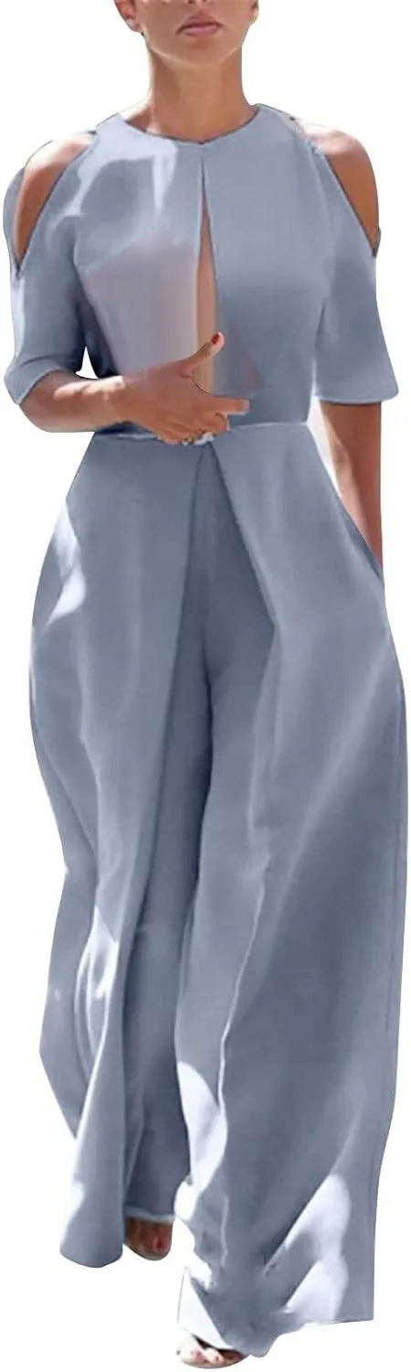 Womens Dressy Jumpsuit Off The Shoulder Halter Neck Jumpsuits Rompers Casual Romper 2024 Solid Wide Leg Pants Overall