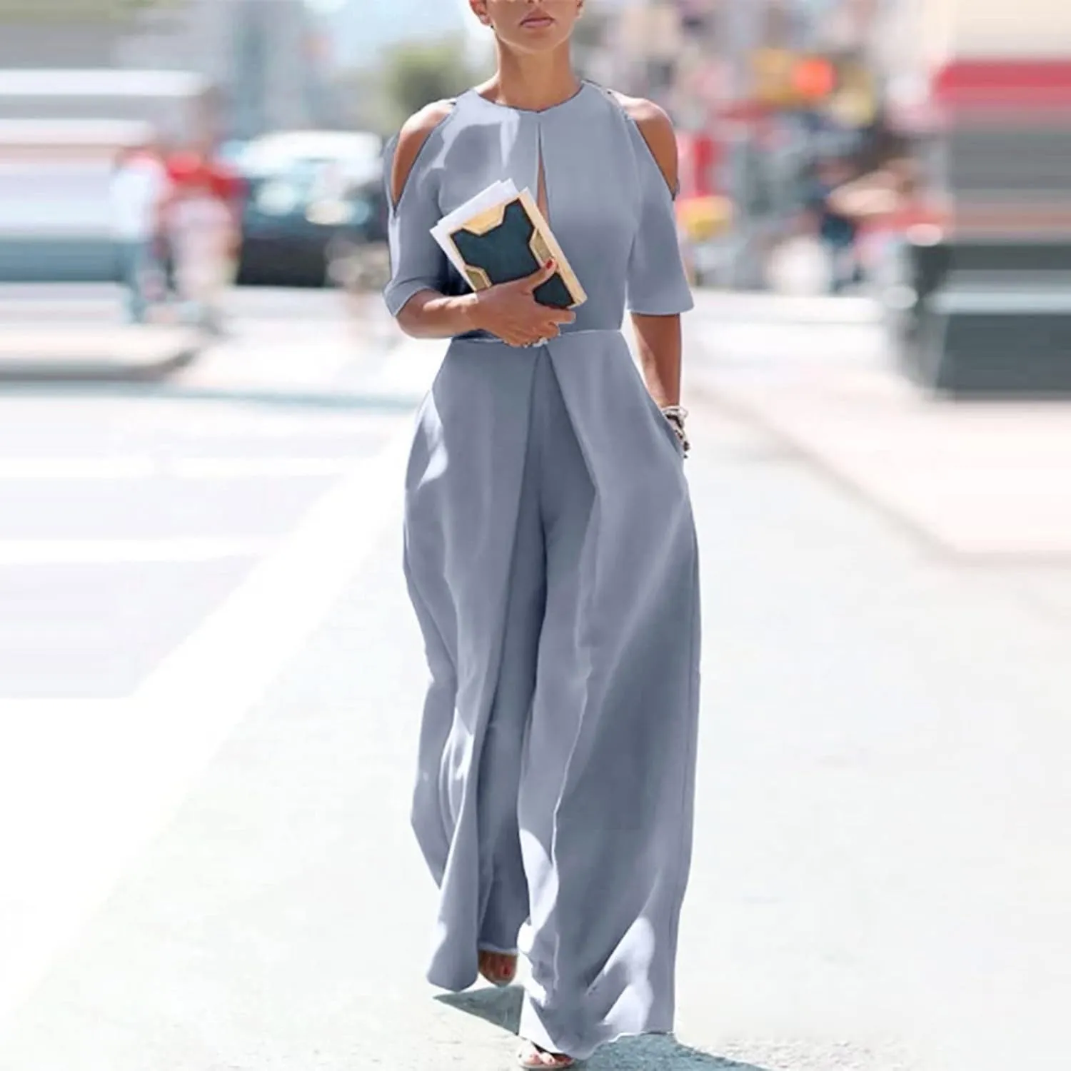 Womens Dressy Jumpsuit Off The Shoulder Halter Neck Jumpsuits Rompers Casual Romper 2024 Solid Wide Leg Pants Overall