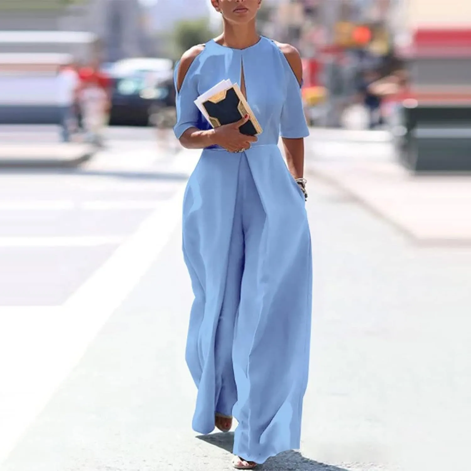 Womens Dressy Jumpsuit Off The Shoulder Halter Neck Jumpsuits Rompers Casual Romper 2024 Solid Wide Leg Pants Overall