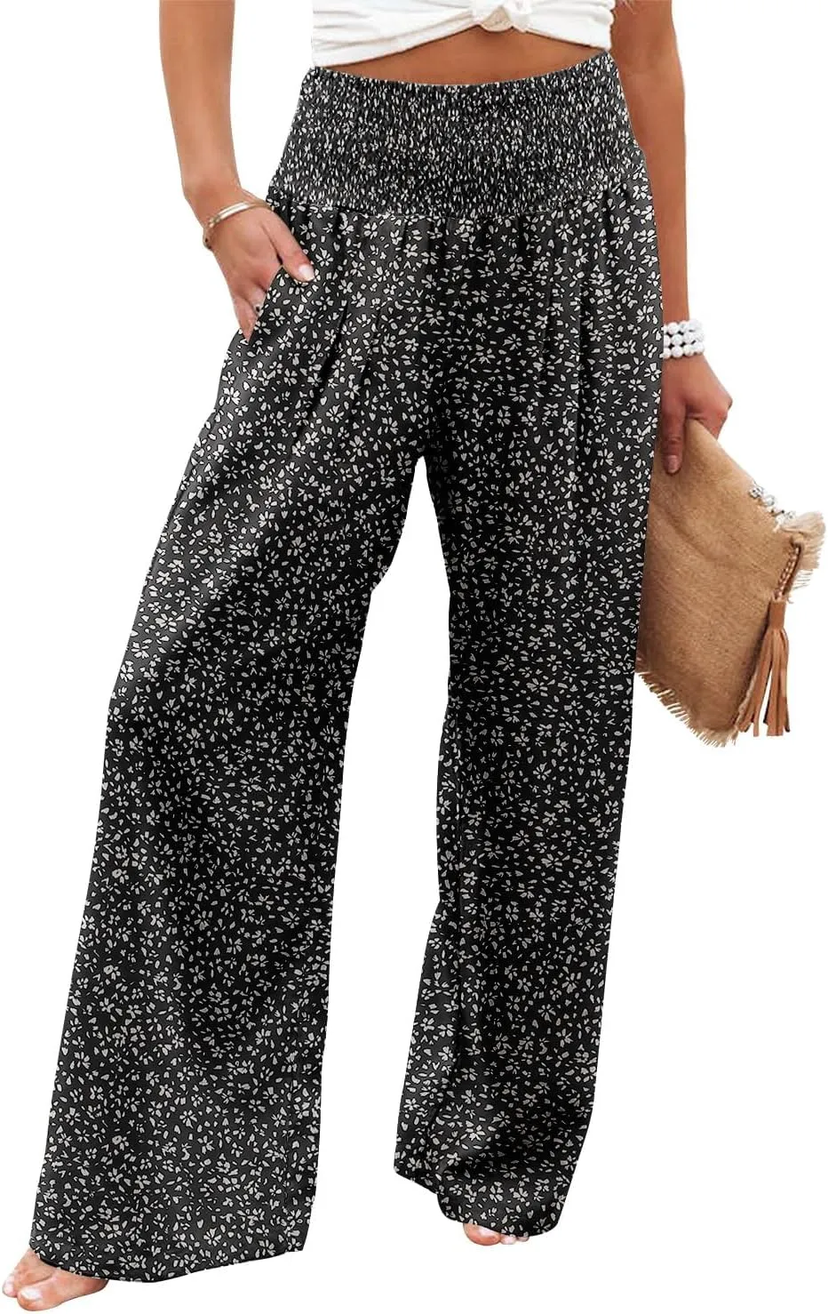 Womens Elastic High Waisted Palazzo Pants Casual Wide Leg Long Lounge Pant Trousers with Pocket