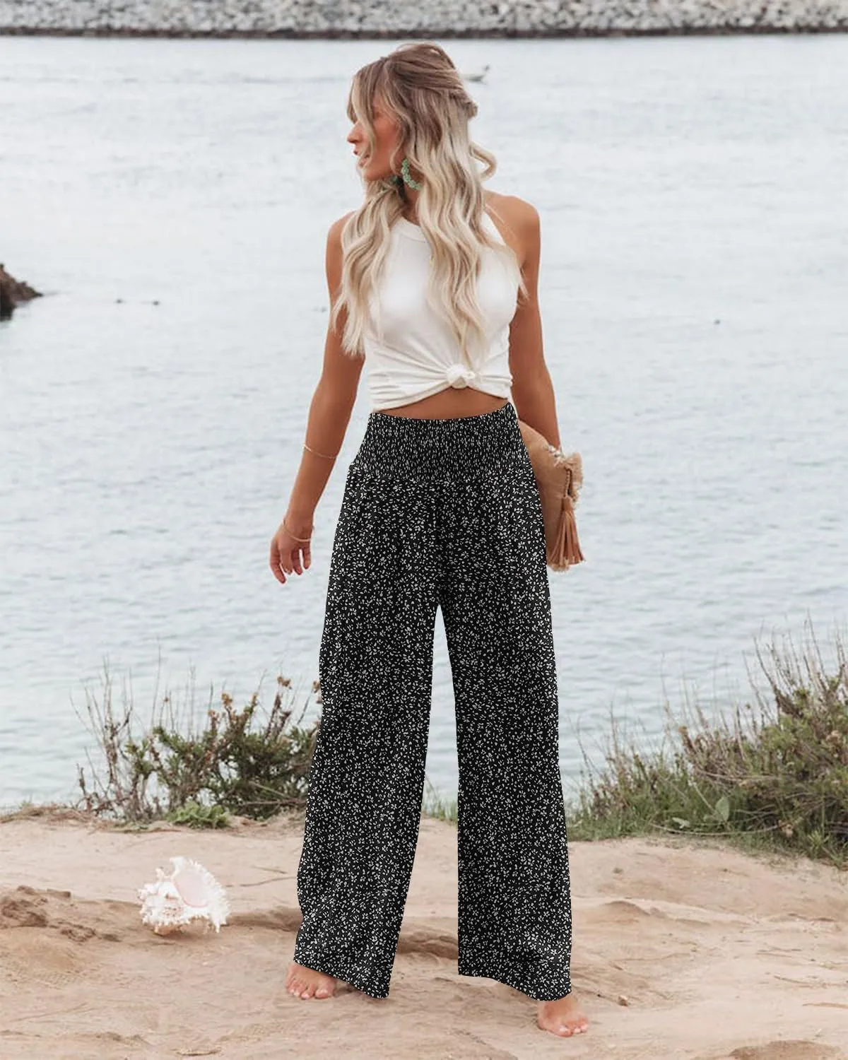 Womens Elastic High Waisted Palazzo Pants Casual Wide Leg Long Lounge Pant Trousers with Pocket