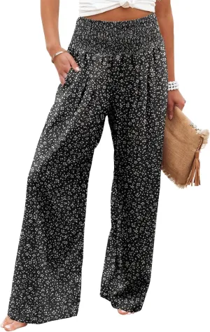 Womens Elastic High Waisted Palazzo Pants Casual Wide Leg Long Lounge Pant Trousers with Pocket