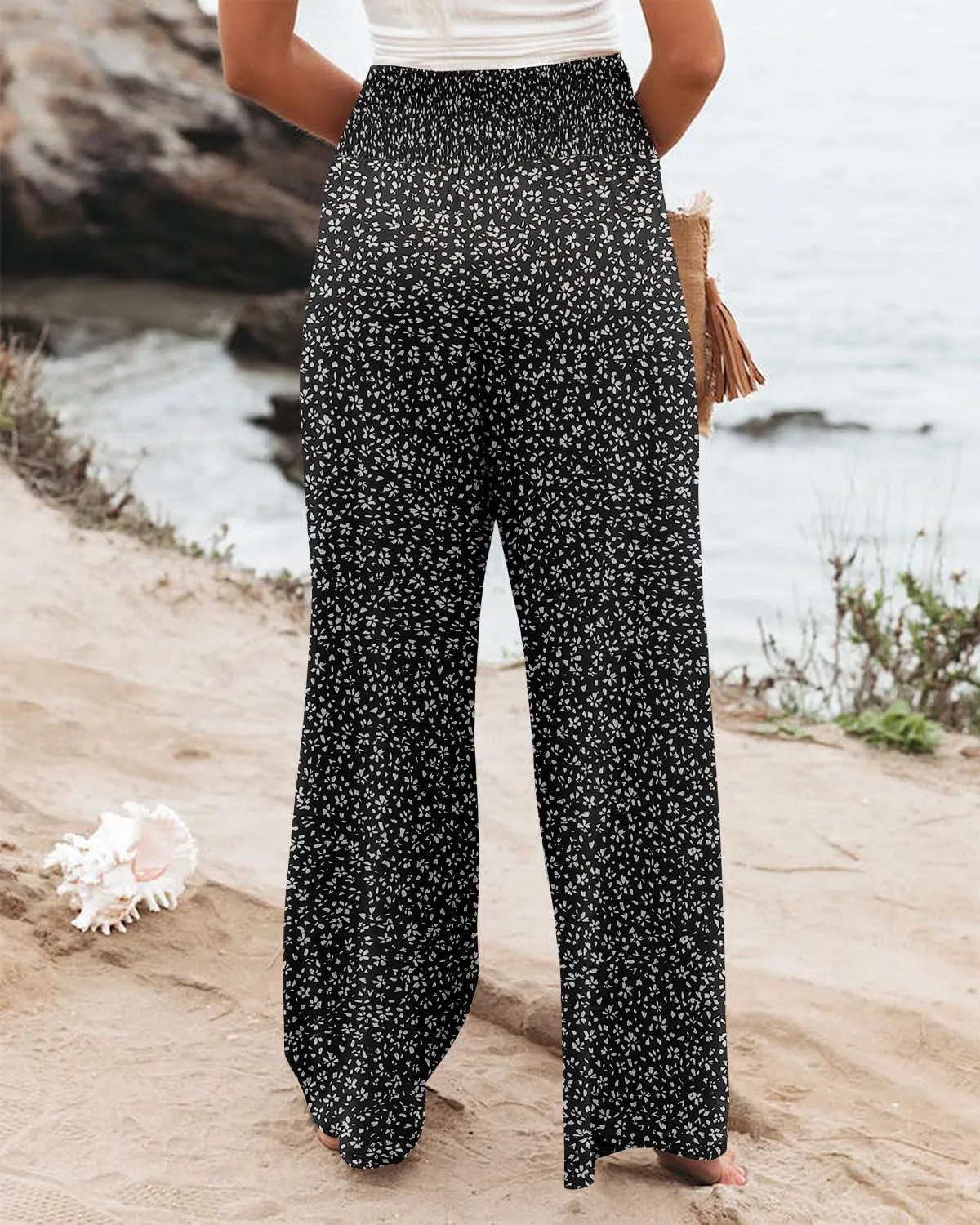 Womens Elastic High Waisted Palazzo Pants Casual Wide Leg Long Lounge Pant Trousers with Pocket