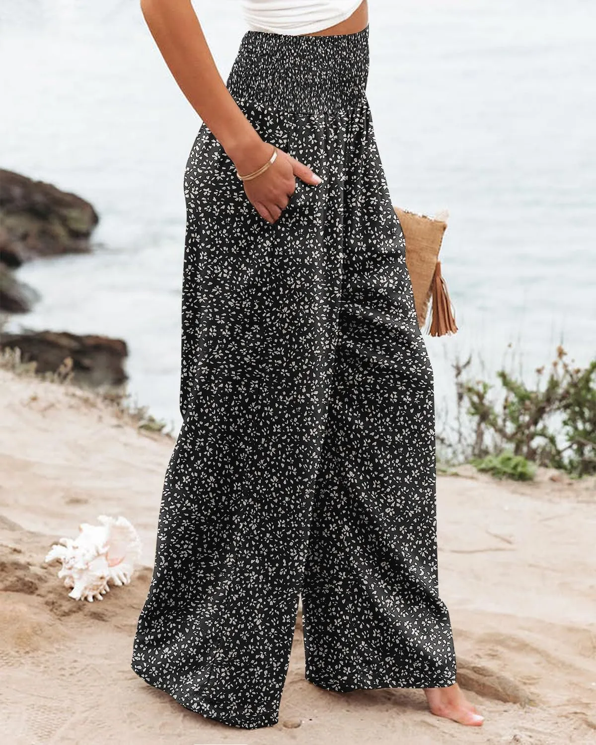 Womens Elastic High Waisted Palazzo Pants Casual Wide Leg Long Lounge Pant Trousers with Pocket