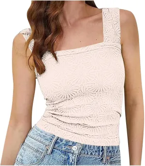 Womens Floral Jacquard Tank Tops Summer Square Neck Straps Crop Top Trendy Solid Color Slim Fit Sexy Comfy Camisoles