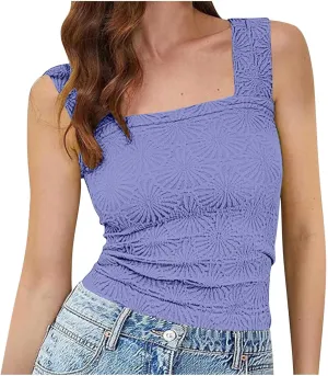 Womens Floral Jacquard Tank Tops Summer Square Neck Straps Crop Top Trendy Solid Color Slim Fit Sexy Comfy Camisoles