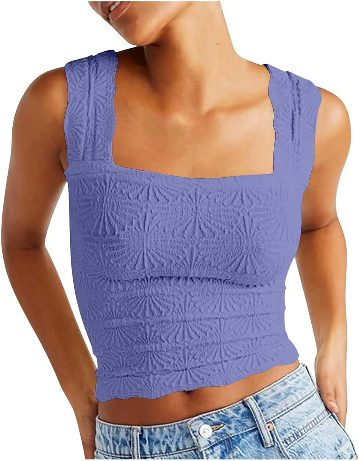 Womens Floral Jacquard Tank Tops Summer Square Neck Straps Crop Top Trendy Solid Color Slim Fit Sexy Comfy Camisoles