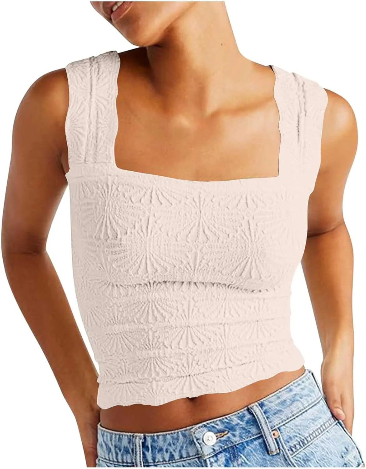 Womens Floral Jacquard Tank Tops Summer Square Neck Straps Crop Top Trendy Solid Color Slim Fit Sexy Comfy Camisoles