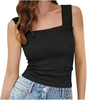 Womens Floral Jacquard Tank Tops Summer Square Neck Straps Crop Top Trendy Solid Color Slim Fit Sexy Comfy Camisoles