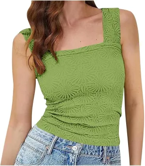 Womens Floral Jacquard Tank Tops Summer Square Neck Straps Crop Top Trendy Solid Color Slim Fit Sexy Comfy Camisoles