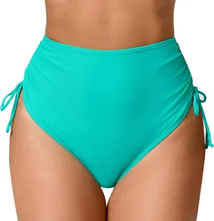 Women's High Waisted Full Coverage Cheeky Bikini Bottoms Tummy Control Adjustable Dtawstring Swim Bottoms