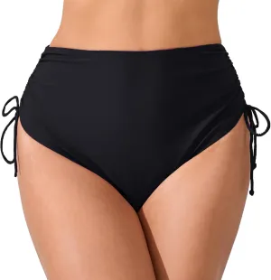 Women's High Waisted Full Coverage Cheeky Bikini Bottoms Tummy Control Adjustable Dtawstring Swim Bottoms