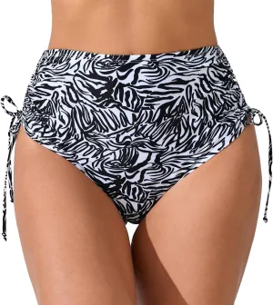 Women's High Waisted Full Coverage Cheeky Bikini Bottoms Tummy Control Adjustable Dtawstring Swim Bottoms