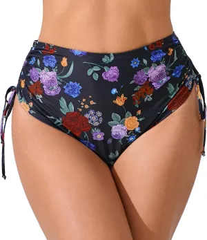 Women's High Waisted Full Coverage Cheeky Bikini Bottoms Tummy Control Adjustable Dtawstring Swim Bottoms