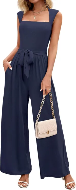 Women's Jumpsuits Dressy Casual Sleeveless Belted Long Wide Leg Pants Elegant One Piece Jumpsuit Summer
