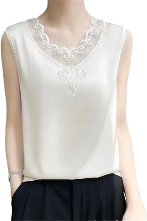 Women's Lace-Stitched Spaghetti Straps Tank Tops Solid Color Sleeveless T-Shirts Crewneck Tops