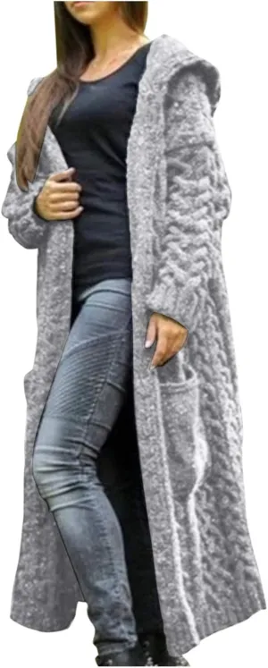 Women's Lightweight Hooded Sweaters Oversized Open Cardigan Warm Outwear Coat Cable Knit Long Cardigan Sweaters with Pockets