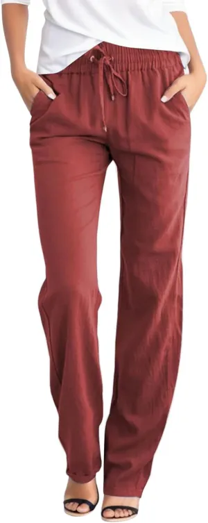 Women's Linen Summer Y2K Streetwear Pants Elastic Waisted Wide Leg Loose Fit Palazzo Pants Office