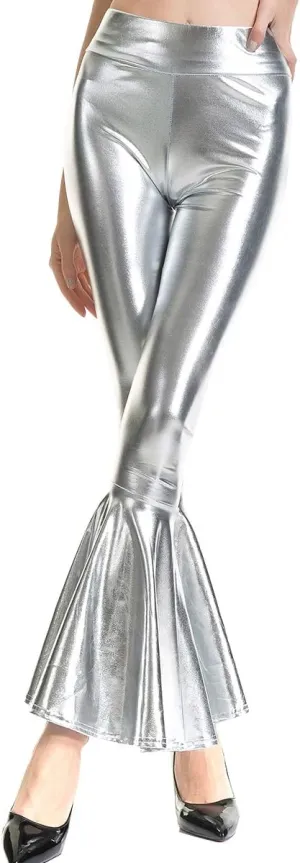 Womens Metallic Wide Leg Pants Mermaid Wet Look Bell Bottoms Slim Fitted High Waist Stretchy Flared Trousers