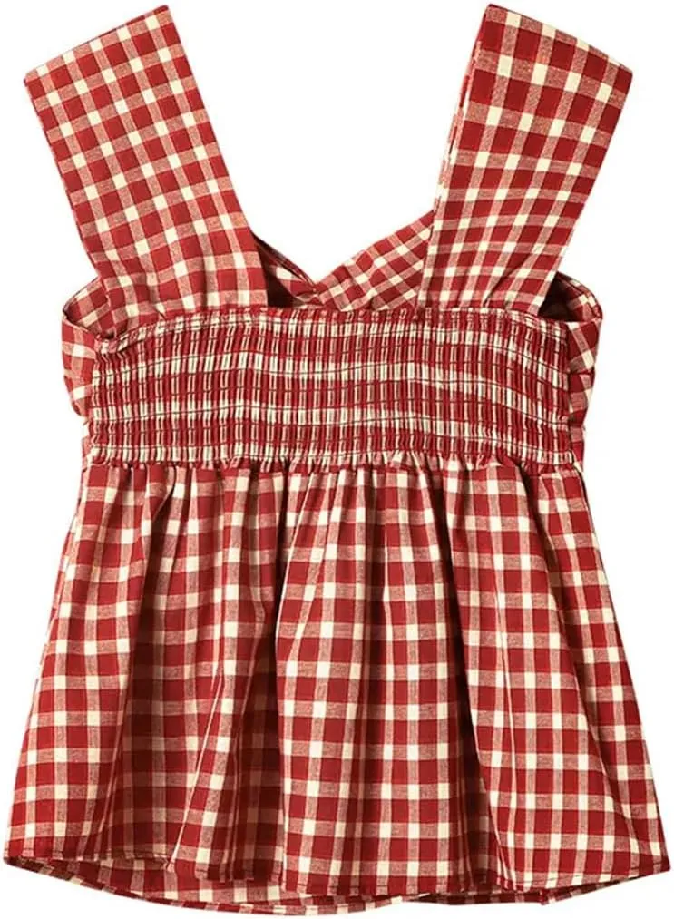 Womens Plaid Twisted Camisole Summer Sexy Backless Sleeveless Slimming Tank Tops