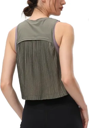 Women's Pleated Cropped Sports Tank Tops Sleeveless Running Workout Tops Active Yoga Tops Shirts