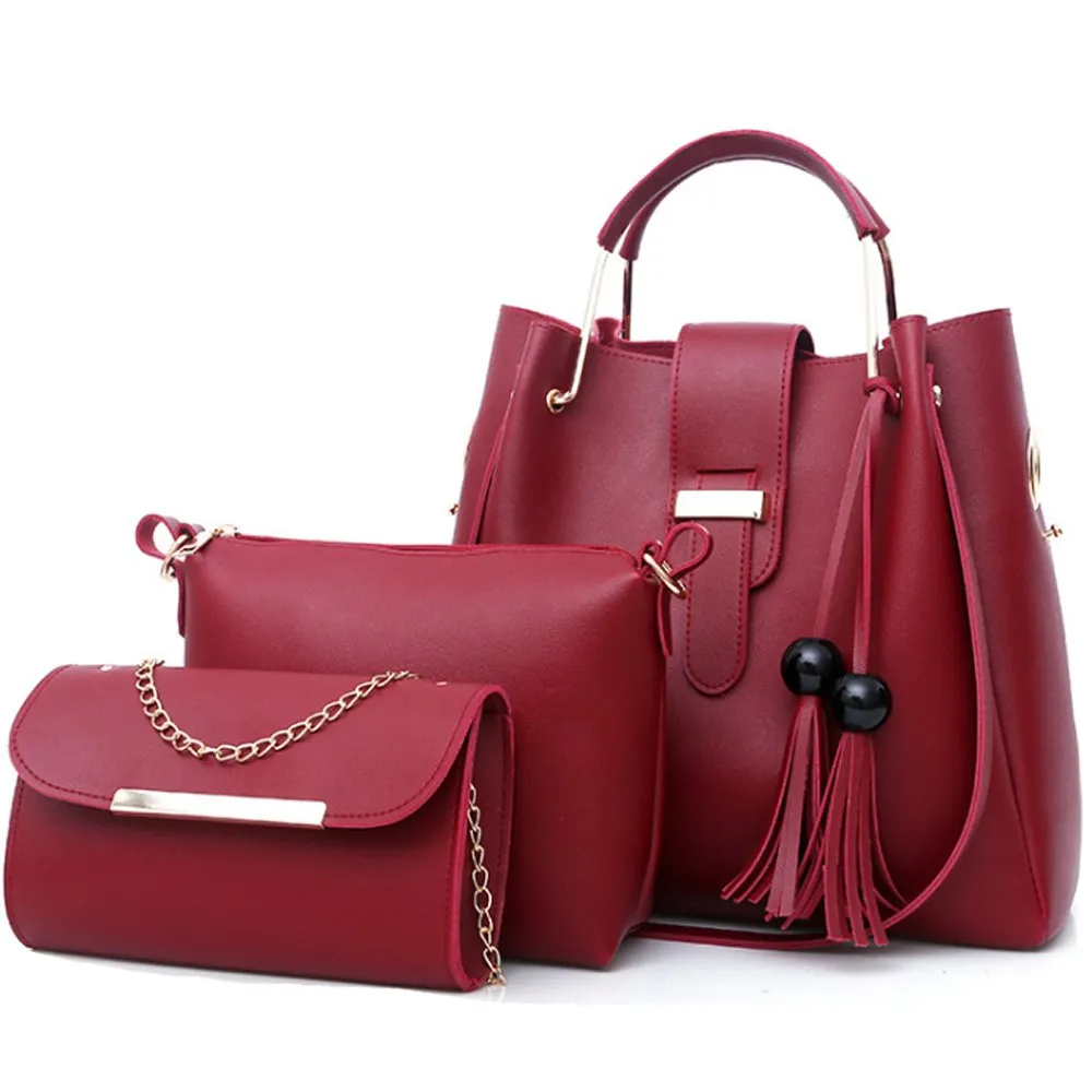 Women's Purse and Handbags 3 Pcs Bag Set PU Leather Tassel Totes Clutch Satchels Top Handle Shoulder Crossbody Bags Pack Burgundy
