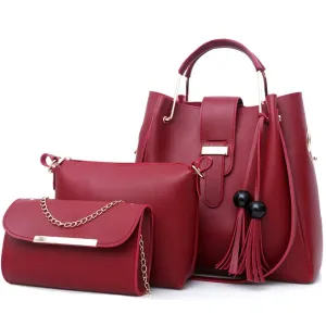 Women's Purse and Handbags 3 Pcs Bag Set PU Leather Tassel Totes Clutch Satchels Top Handle Shoulder Crossbody Bags Pack Burgundy