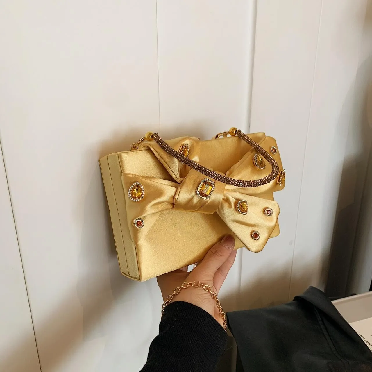 Womens Satin Evening Bag Bow Handbag Purse Party Clutches Wedding Chain Shoulder Cross Body Bag
