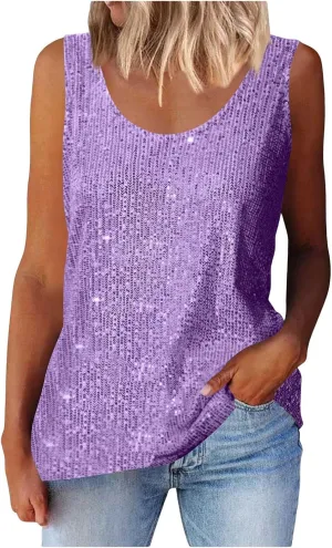 Womens Sequin Tank Top 2025 Summer Glitter Party Tops Sleeveless Crewneck Vegas Festival Shirt Ladies Disco Outfits